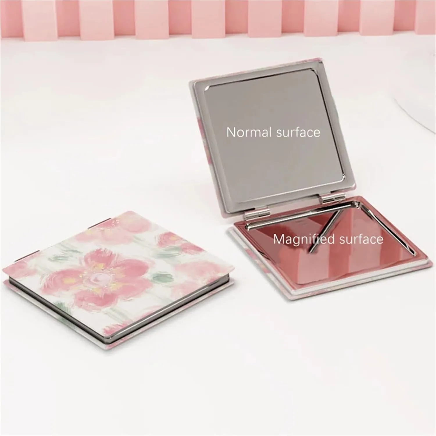 Mini Makeup Mirror 2pcs Mini Flower Small Mirror Handheld Foldableing Pu Makeup Mirror(Color-B)