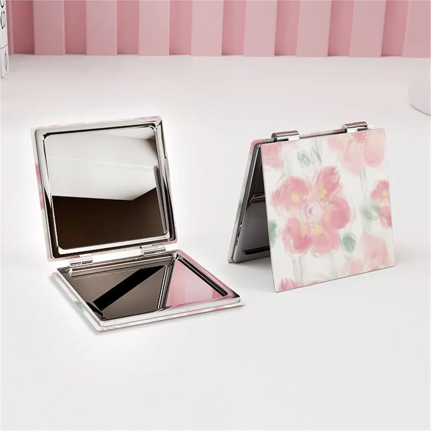 Mini Makeup Mirror 2pcs Mini Flower Small Mirror Handheld Foldableing Pu Makeup Mirror(Color-B)