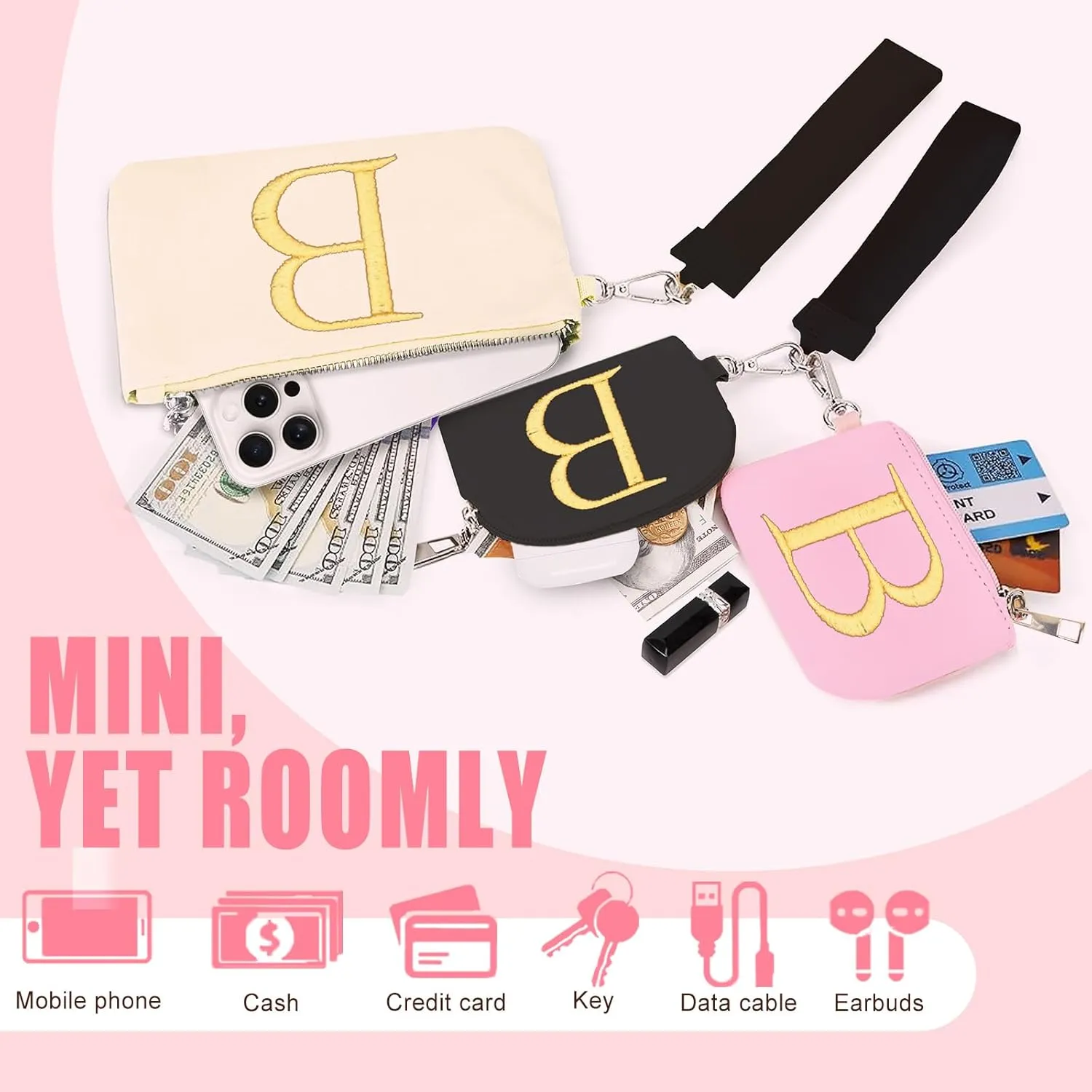 Mini Zip Around Keychain Wristlet Wallets for Women and Girls: Three Coin Purses with 2 Straps - Best Gifts for Birthdays, Christmas, Wedding Parties, Valentine's Day, New Yea (B, Black&Pink&Cream)