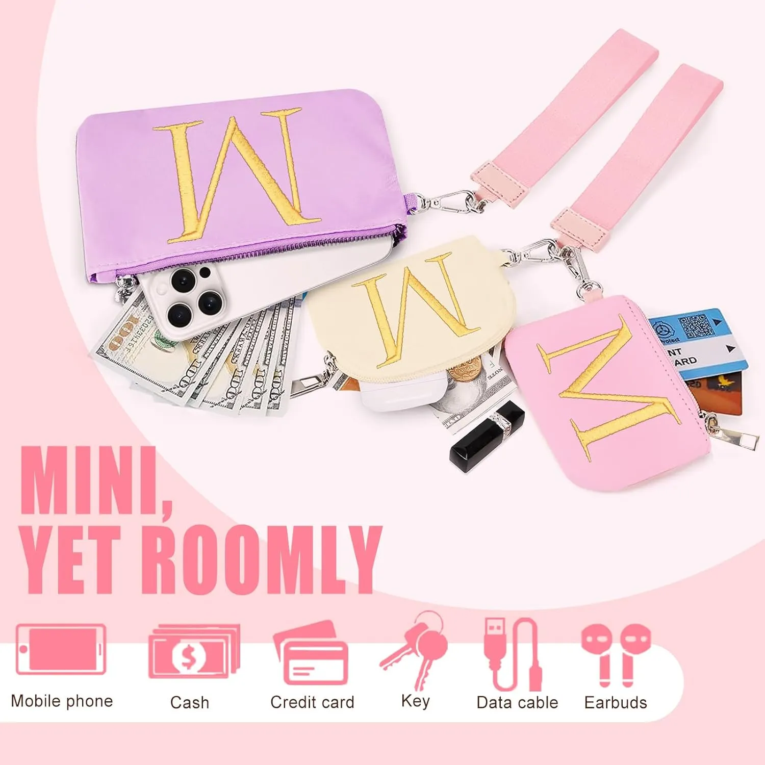Mini Zip Around Keychain Wristlet Wallets for Women and Girls: Three Coin Purses with 2 Straps - Best Gifts for Birthdays, Christmas, Wedding Parties, Valentine's Day, New Yea (M, Purle&Pink&Cream)