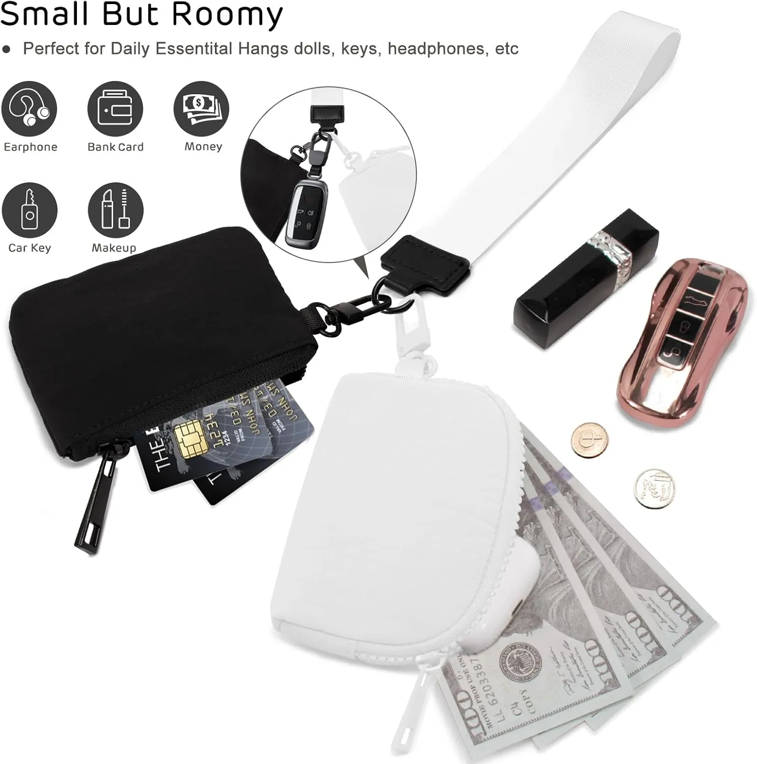 Mini Zip Around Keychain Wristlet Wallets Small Portable Dual Pounch Wristlet Detachable Coin Purse Pocket Gifts for Women Travel Sports Outdoors (Black  White)