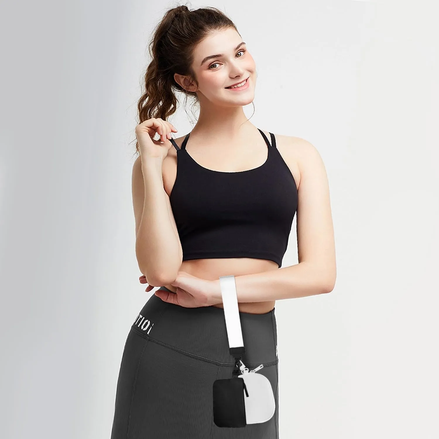 Mini Zip Around Keychain Wristlet Wallets Small Portable Dual Pounch Wristlet Detachable Coin Purse Pocket Gifts for Women Travel Sports Outdoors (Black  White)