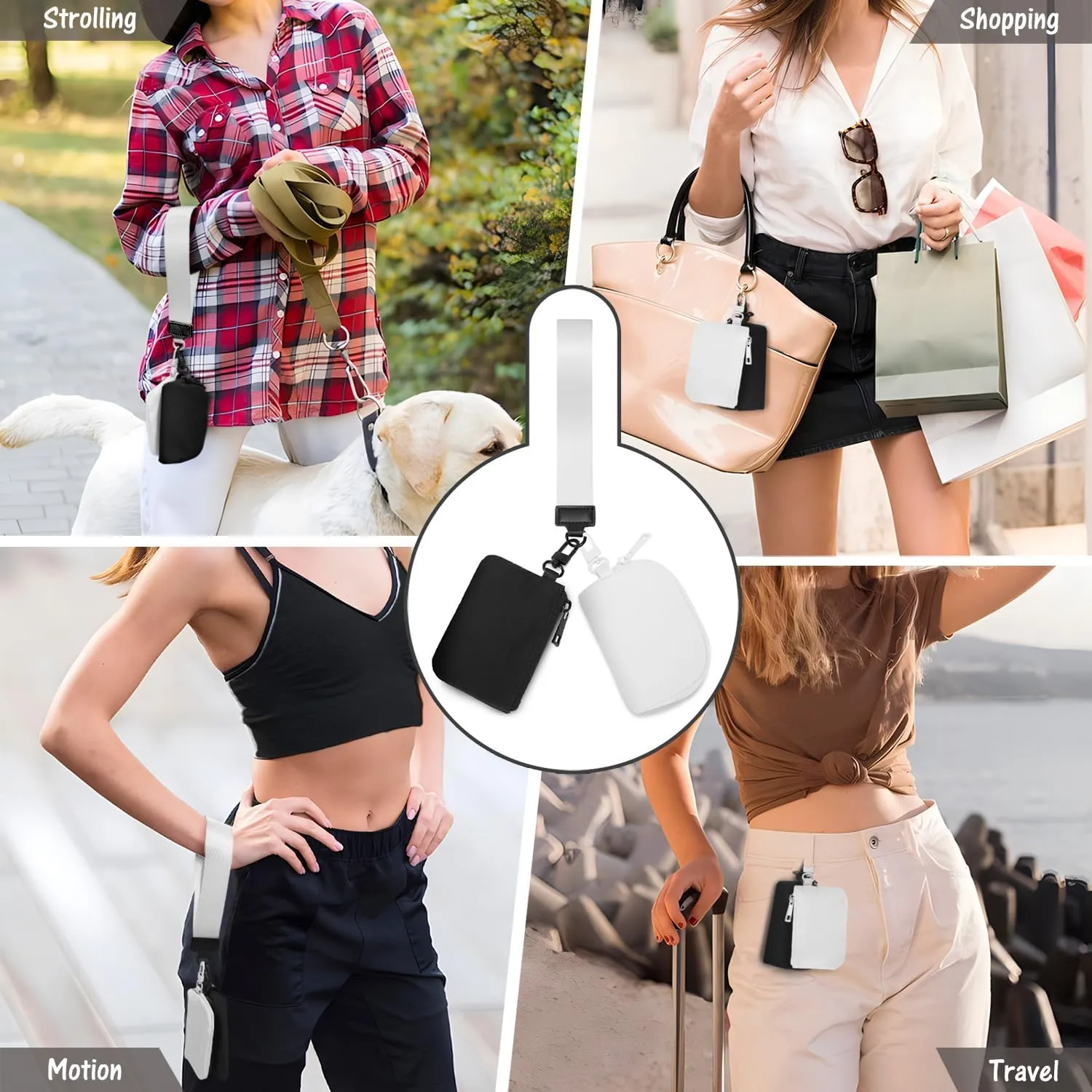 Mini Zip Around Keychain Wristlet Wallets Small Portable Dual Pounch Wristlet Detachable Coin Purse Pocket Gifts for Women Travel Sports Outdoors (Black  White)
