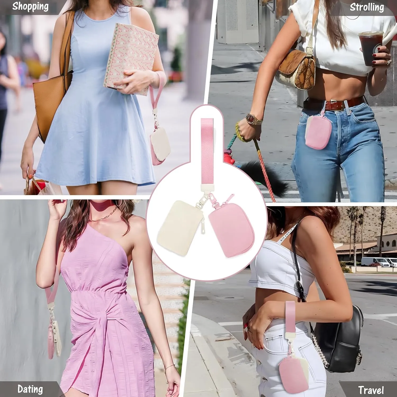 Mini Zip Around Keychain Wristlet Wallets Small Portable Dual Pounch Wristlet Detachable Coin Purse Pocket Gifts for Women Travel Sports Outdoors (Cream White Pink)
