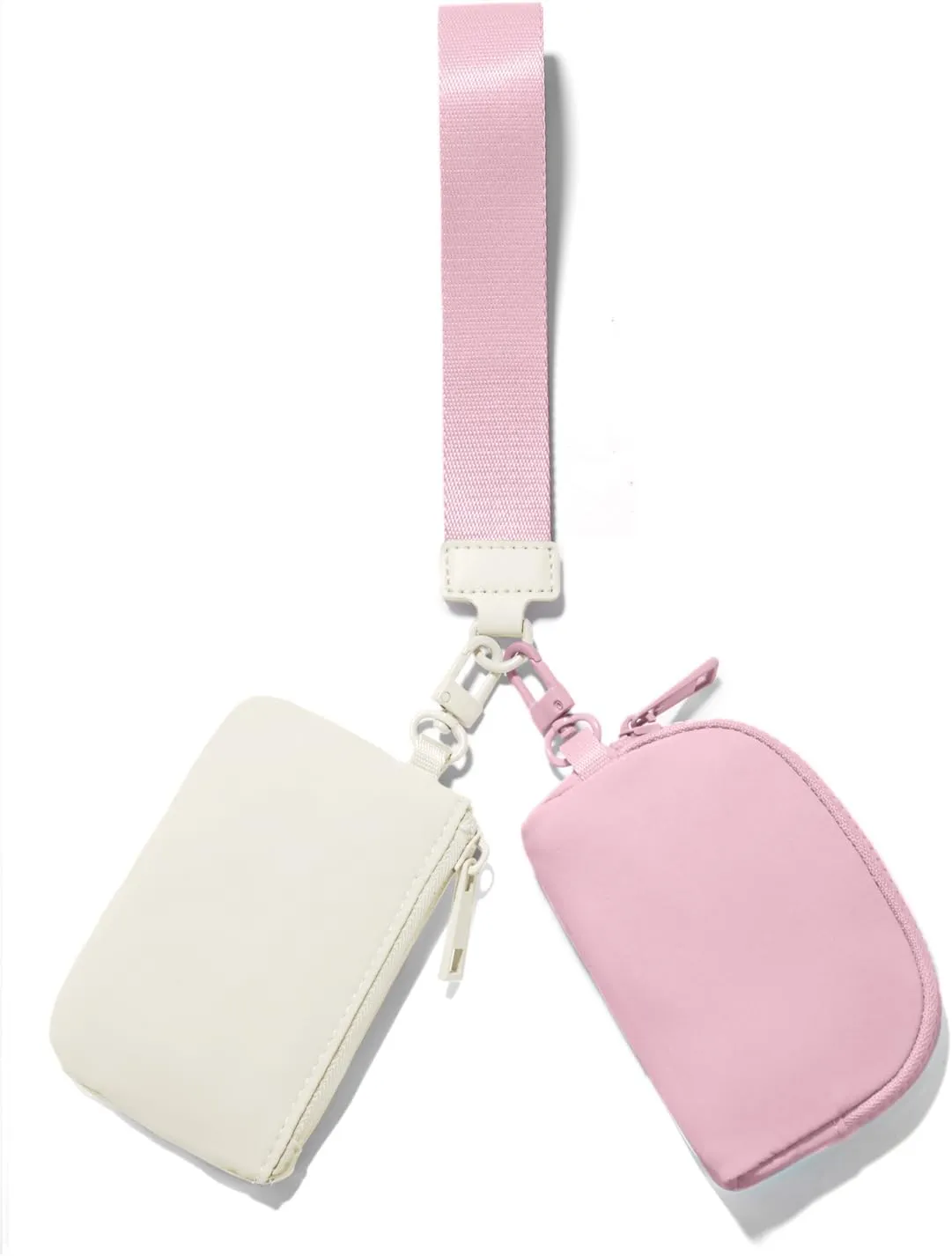 Mini Zip Around Keychain Wristlet Wallets Small Portable Dual Pounch Wristlet Detachable Coin Purse Pocket Gifts for Women Travel Sports Outdoors (Cream White Pink)