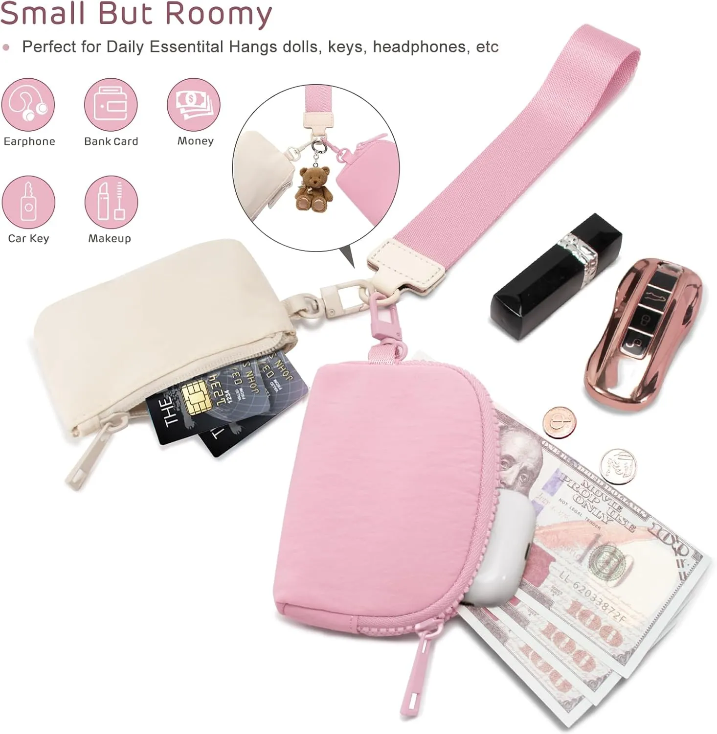 Mini Zip Around Keychain Wristlet Wallets Small Portable Dual Pounch Wristlet Detachable Coin Purse Pocket Gifts for Women Travel Sports Outdoors (Cream White Pink)