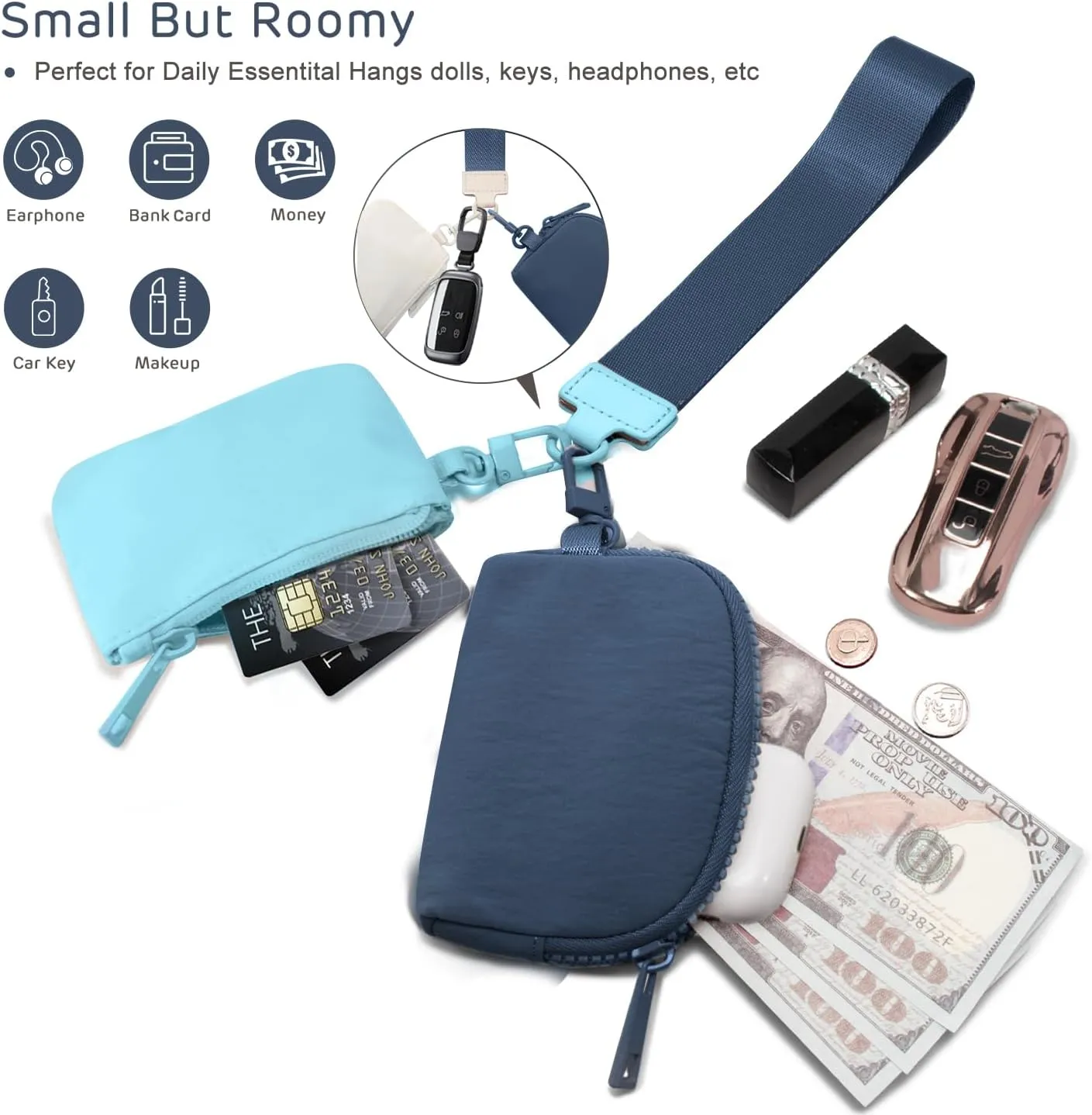 Mini Zip Around Keychain Wristlet Wallets Small Portable Dual Pounch Wristlet Detachable Coin Purse Pocket Gifts for Women Travel Sports Outdoors(Icing Blue Navy Blue)