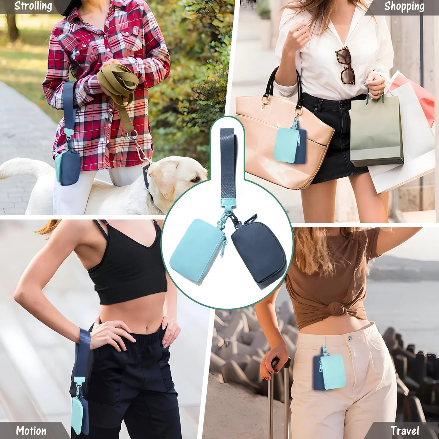 Mini Zip Around Keychain Wristlet Wallets Small Portable Dual Pounch Wristlet Detachable Coin Purse Pocket Gifts for Women Travel Sports Outdoors(Icing Blue Navy Blue)