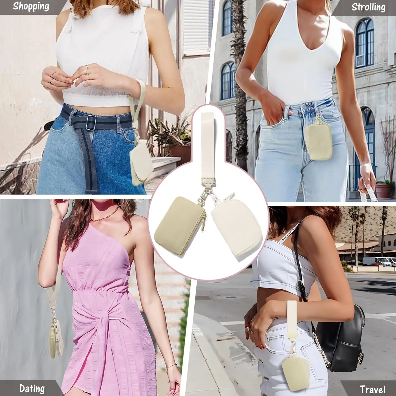 Mini Zip Around Keychain Wristlet Wallets Small Portable Dual Pounch Wristlet Detachable Coin Purse Pocket Gifts for Women Travel Sports Outdoors(Khaki Cream White)