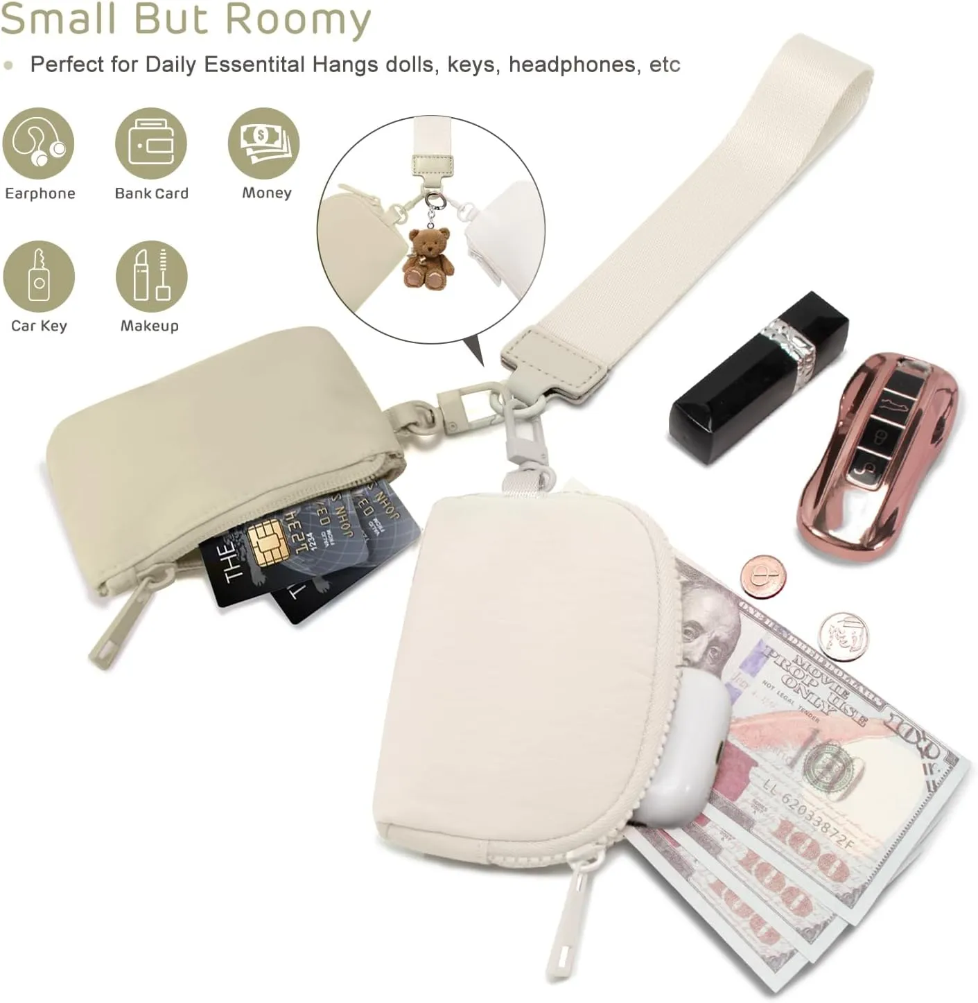 Mini Zip Around Keychain Wristlet Wallets Small Portable Dual Pounch Wristlet Detachable Coin Purse Pocket Gifts for Women Travel Sports Outdoors(Khaki Cream White)