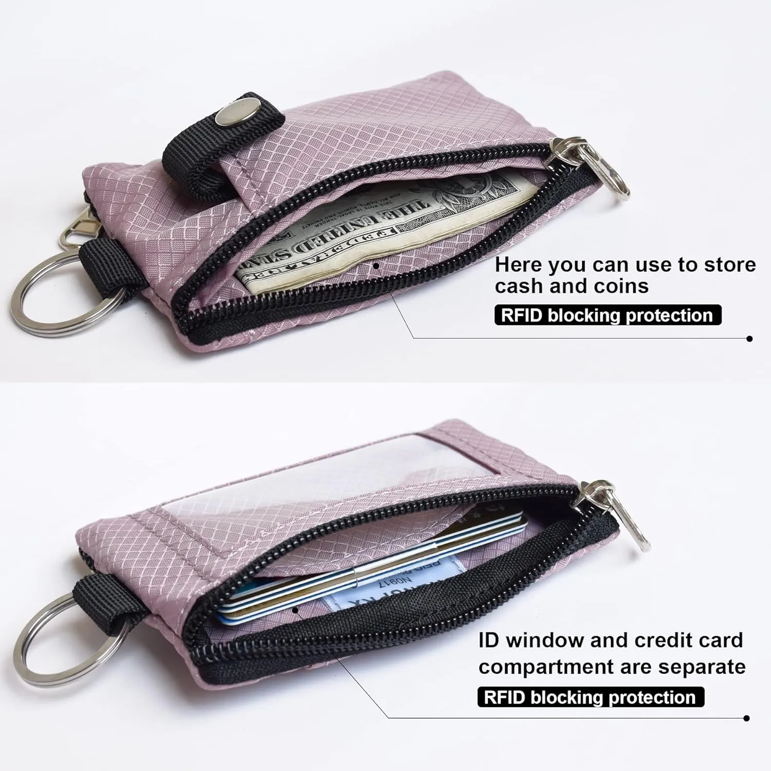 Minimalist RFID Blocking Small Wallet with ID Window,WaterResistant Zip Id Case Wallet with Lanyard Keychain for Cards,Cash,Travel,Women,Men (GreenOnion DarkGreen)