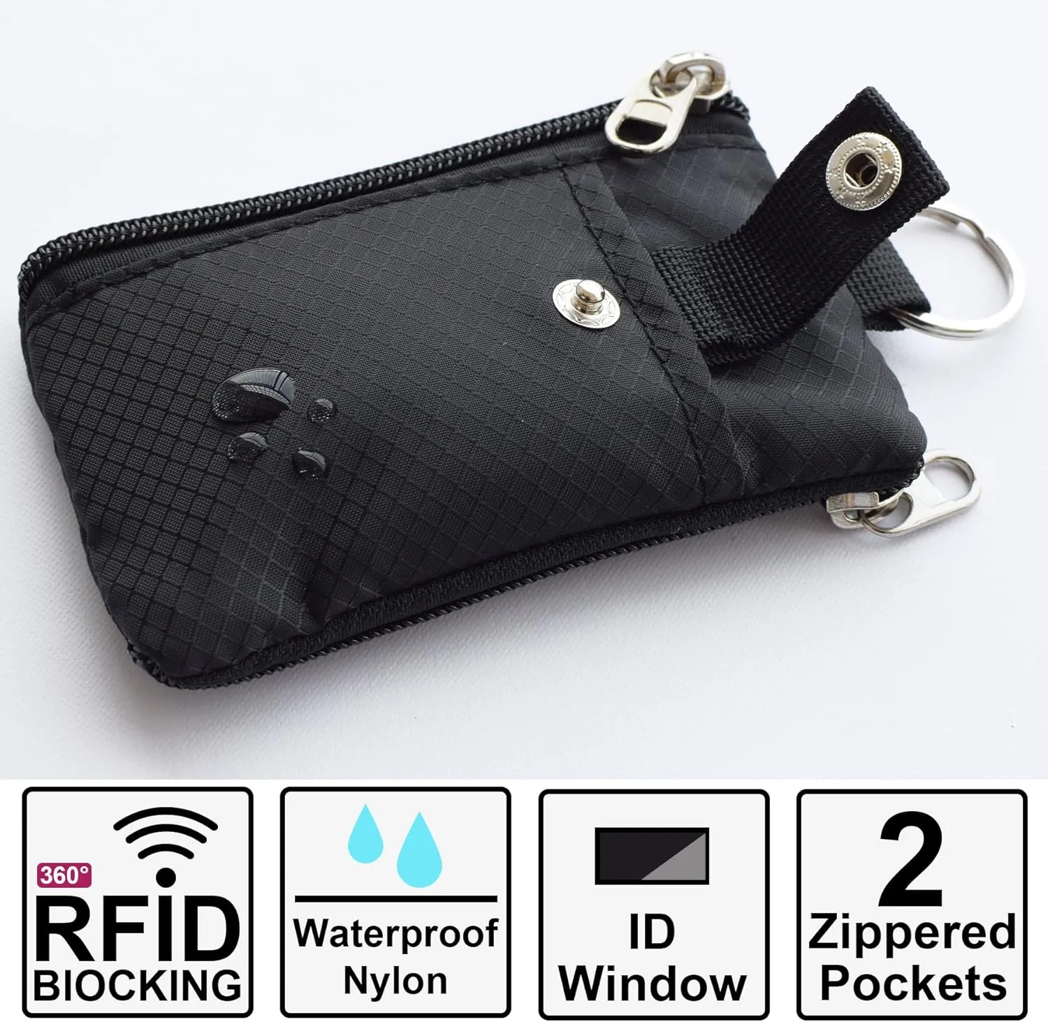 Minimalist RFID Blocking Small Wallet with ID Window,WaterResistant Zip Id Case Wallet with Lanyard Keychain for Cards,Cash,Travel,Women,Men (GreenOnion DarkGreen)