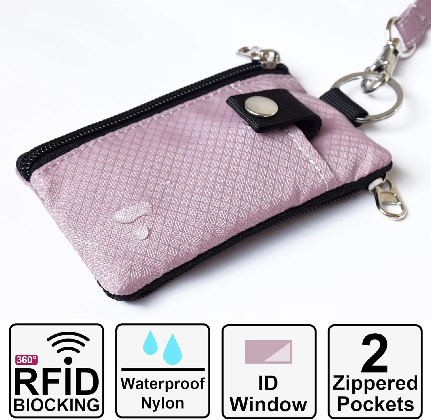 Minimalist RFID Blocking Small Wallet with ID Window,WaterResistant Zip Id Case Wallet with Lanyard Keychain for Cards,Cash,Travel,Women,Men (GreenOnion DarkGreen)