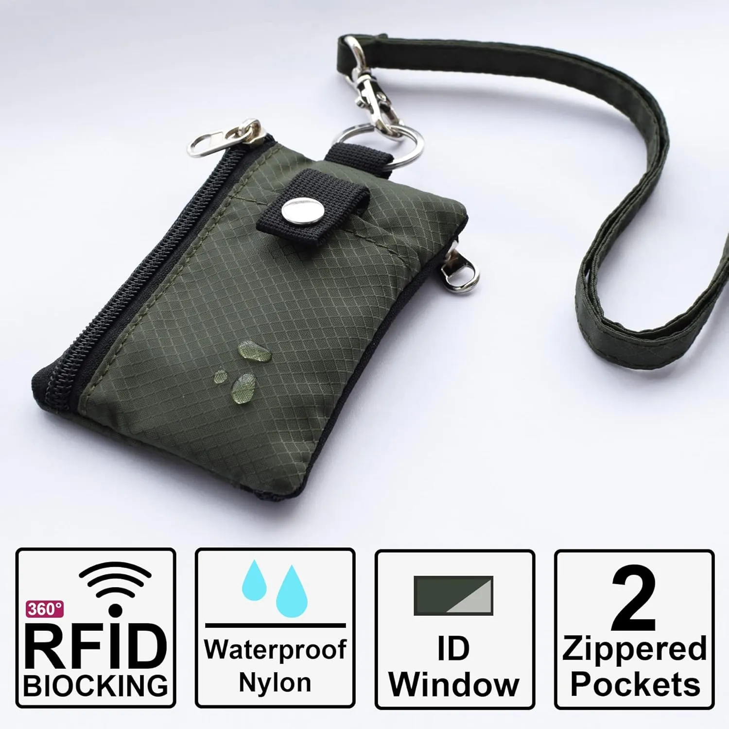 Minimalist RFID Blocking Small Wallet with ID Window,WaterResistant Zip Id Case Wallet with Lanyard Keychain for Cards,Cash,Travel,Women,Men (GreenOnion DarkGreen)