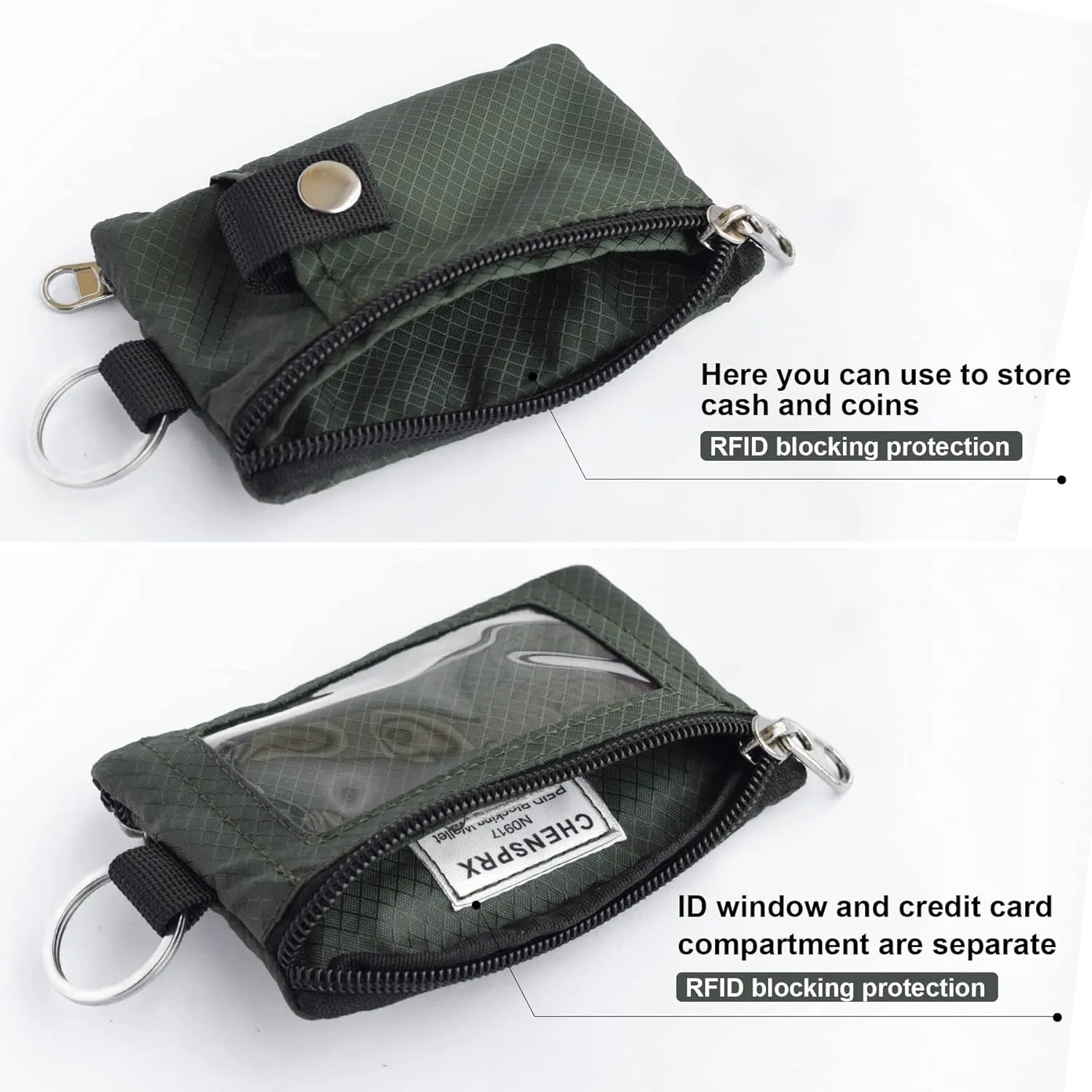 Minimalist RFID Blocking Small Wallet with ID Window,WaterResistant Zip Id Case Wallet with Lanyard Keychain for Cards,Cash,Travel,Women,Men (GreenOnion DarkGreen)