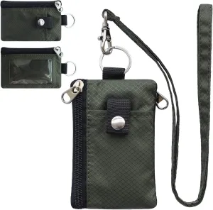 Minimalist RFID Blocking Small Wallet with ID Window,WaterResistant Zip Id Case Wallet with Lanyard Keychain for Cards,Cash,Travel,Women,Men (GreenOnion DarkGreen)