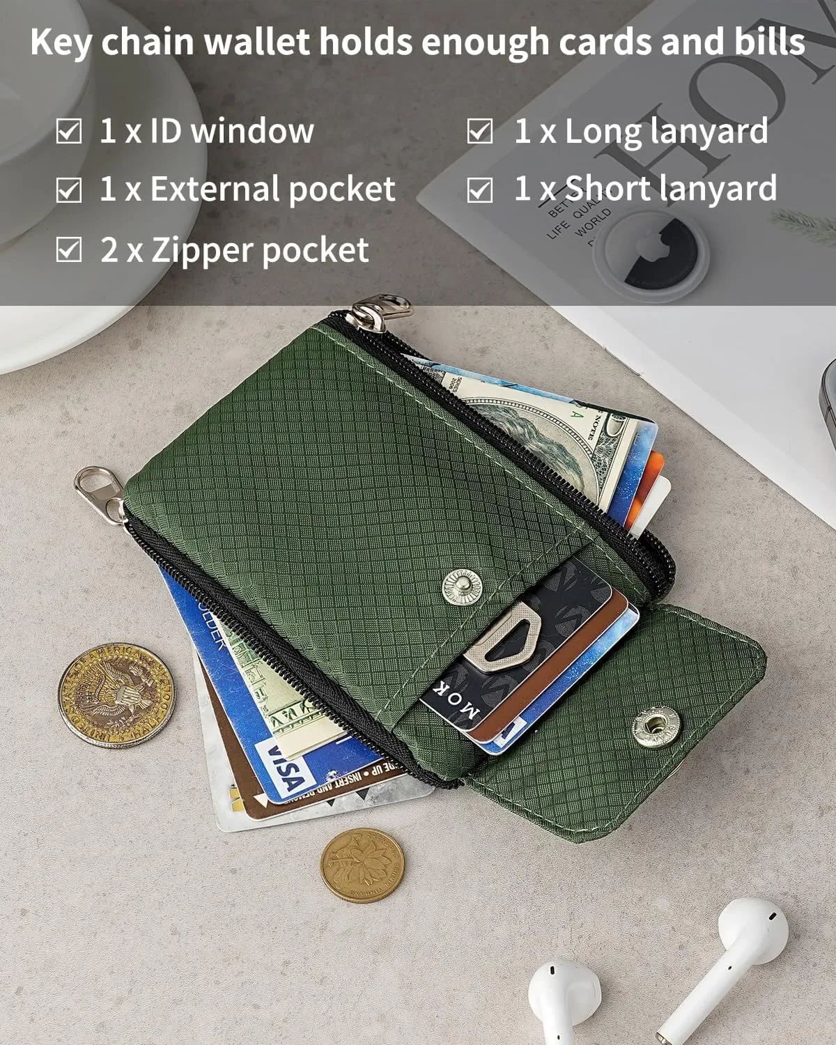 Minimalist Wallet For Mens Womens, Keychain RFID Blocking Zipper Small Wallet with ID Window 2 Lanyards,Water Resistant Travel Cash Card Coin Case Boys Girls
