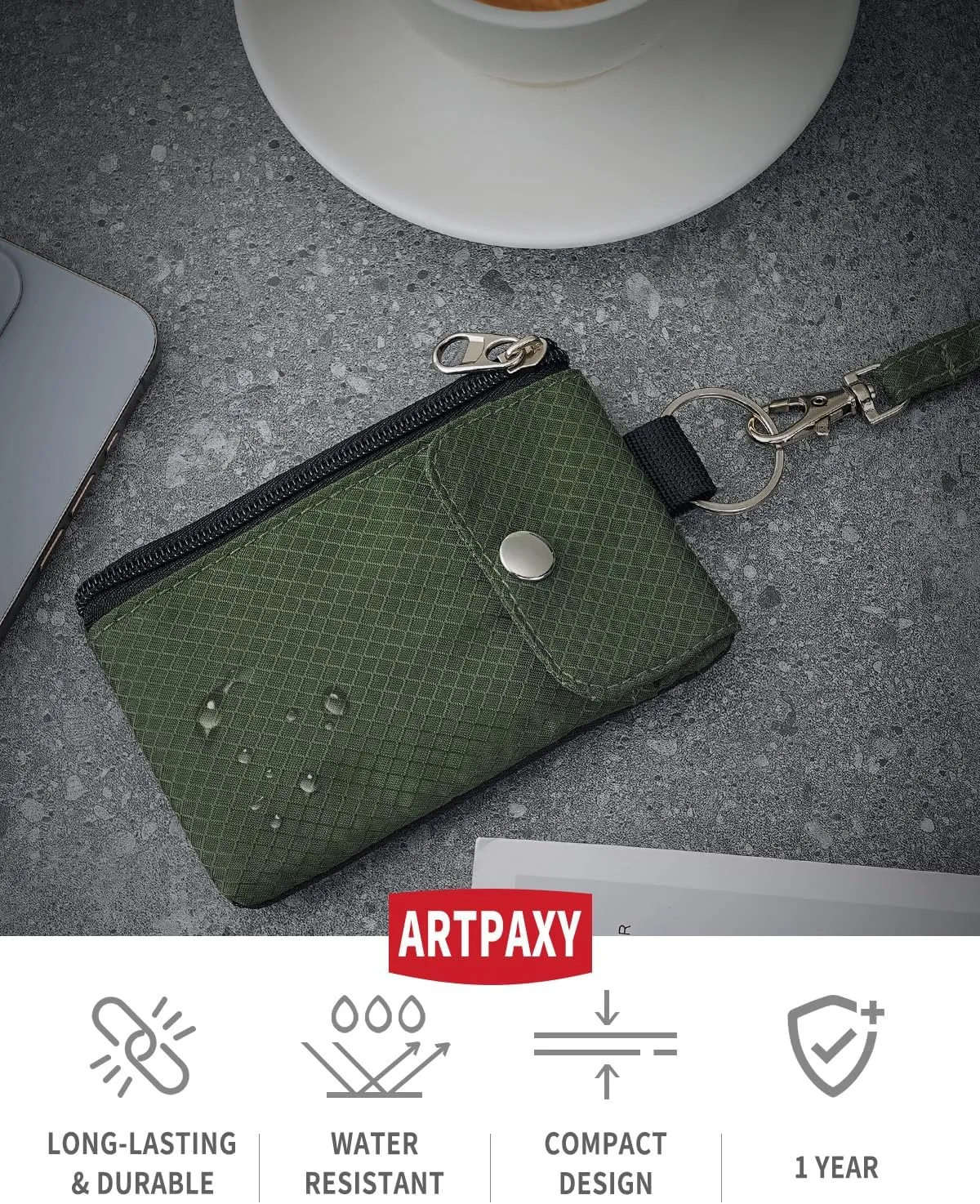 Minimalist Wallet For Mens Womens, Keychain RFID Blocking Zipper Small Wallet with ID Window 2 Lanyards,Water Resistant Travel Cash Card Coin Case Boys Girls
