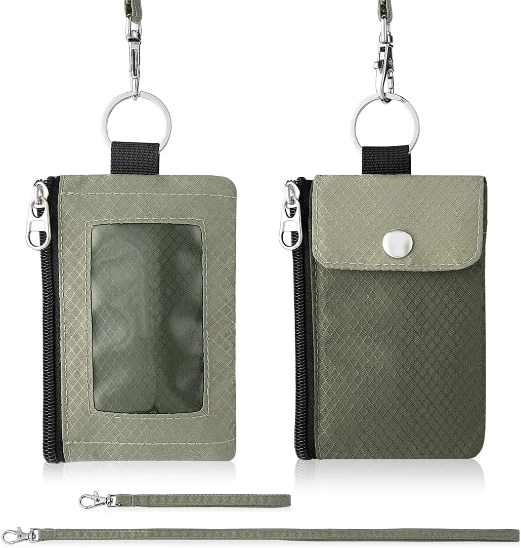 Minimalist Wallet For Mens Womens, Keychain RFID Blocking Zipper Small Wallet with ID Window 2 Lanyards,Water Resistant Travel Cash Card Coin Case Boys Girls