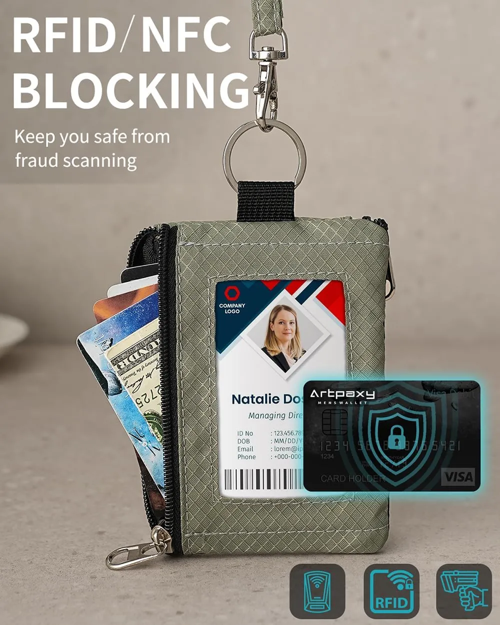Minimalist Wallet For Mens Womens, Keychain RFID Blocking Zipper Small Wallet with ID Window 2 Lanyards,Water Resistant Travel Cash Card Coin Case Boys Girls
