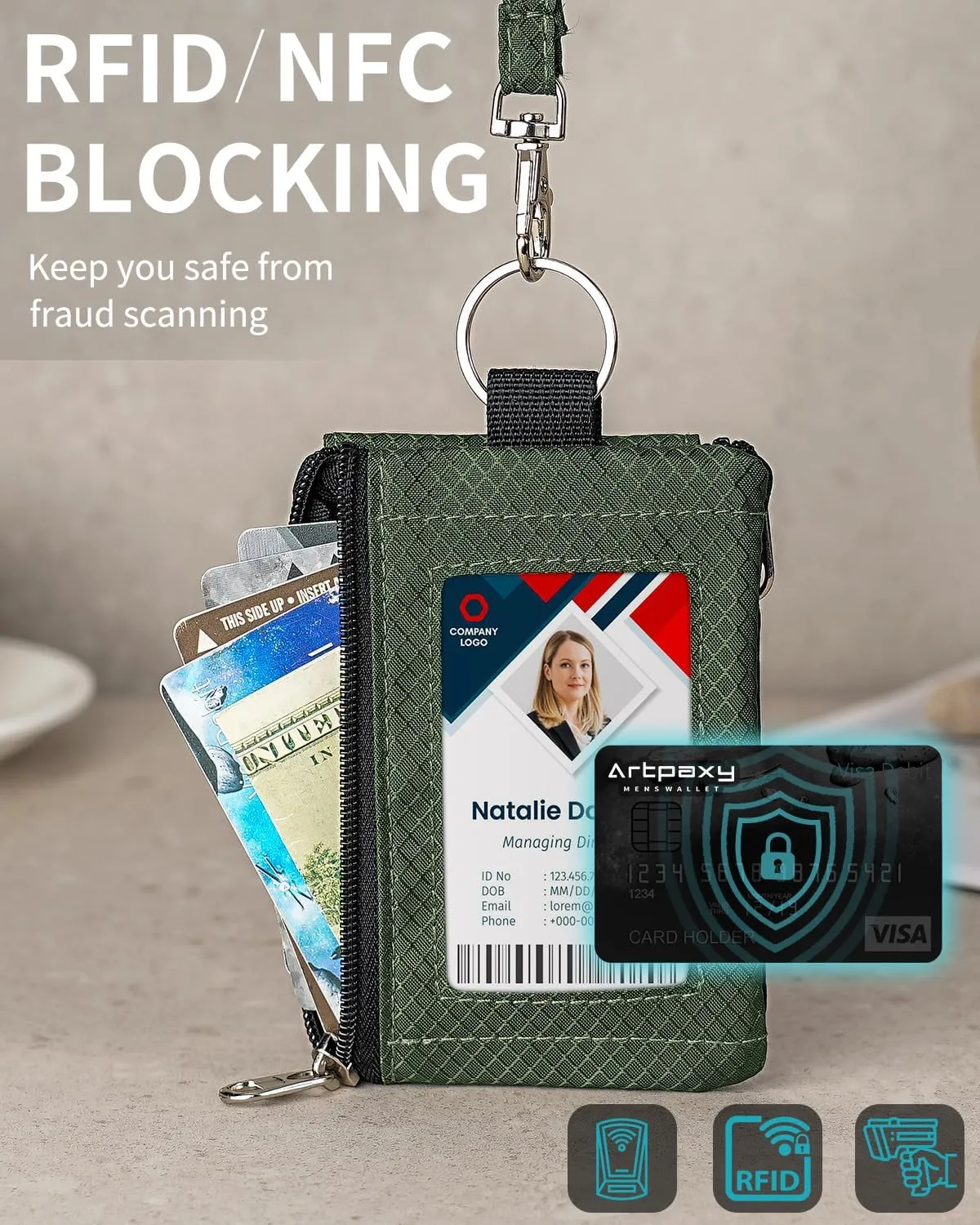 Minimalist Wallet For Mens Womens, Keychain RFID Blocking Zipper Small Wallet with ID Window 2 Lanyards,Water Resistant Travel Cash Card Coin Case Boys Girls
