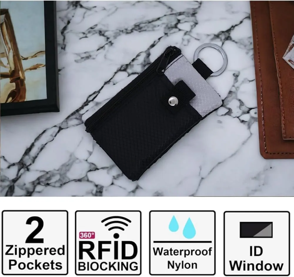 Minimalist Wallets for Men and Women - RFID Blocking Secure Travel Wallet by with Clear ID Window and Key Ring (Black Gray)