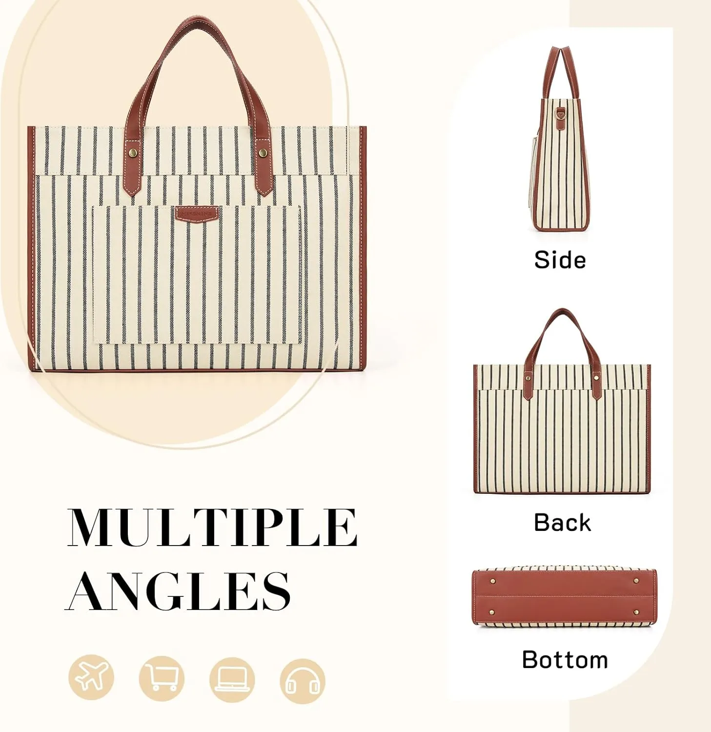 Missnine Laptop Tote Bag Canvas Laptop Bag 15.6 inch Work Shoulder Bags Casual Briefcase Handbag for Travel, Office, College (Stripe)