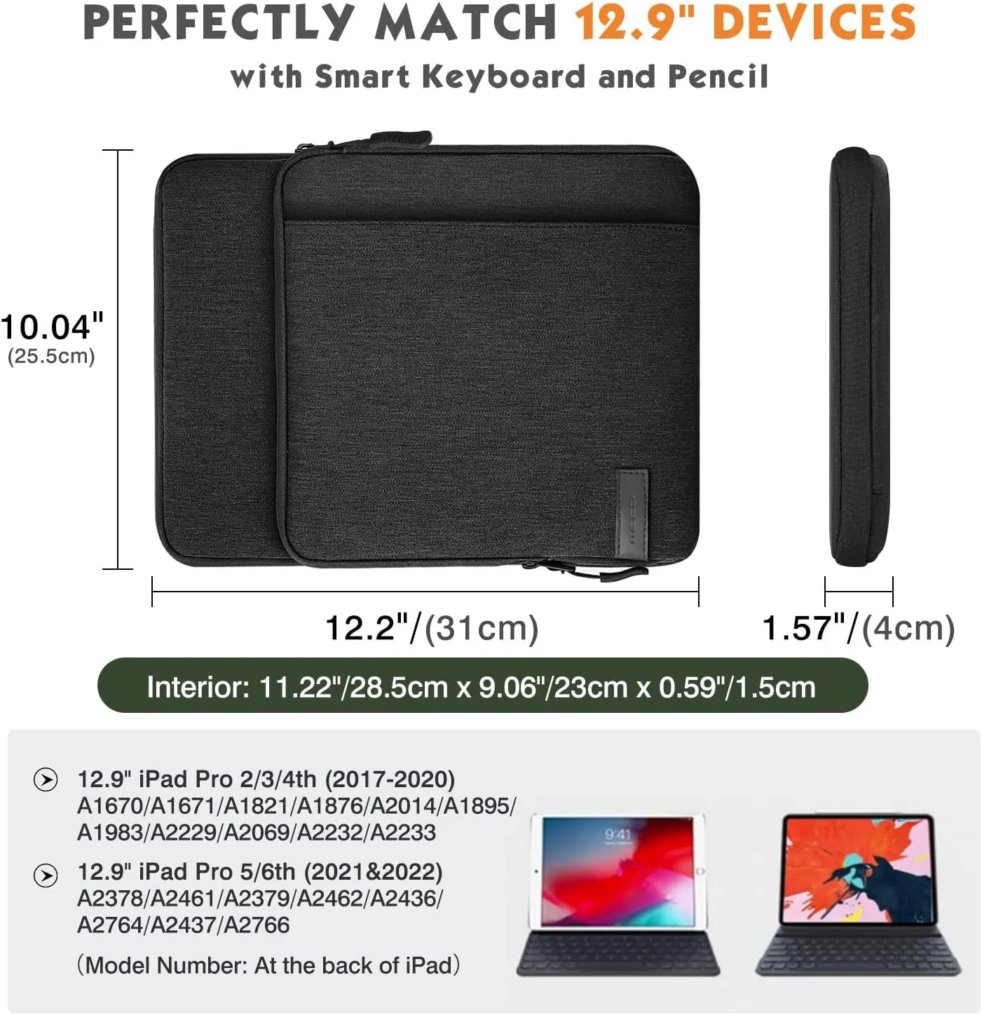 MoKo 12.9 Inch Tablet Sleeve Bag Carrying Case with Pockets Fits 13 Inch New iPad Pro M4 & Air M2 2024, iPad Pro 12.9 M2&M1, Surface Laptop Go 12.4", Galaxy Tab S8 /S9  12.4", Black & Gray