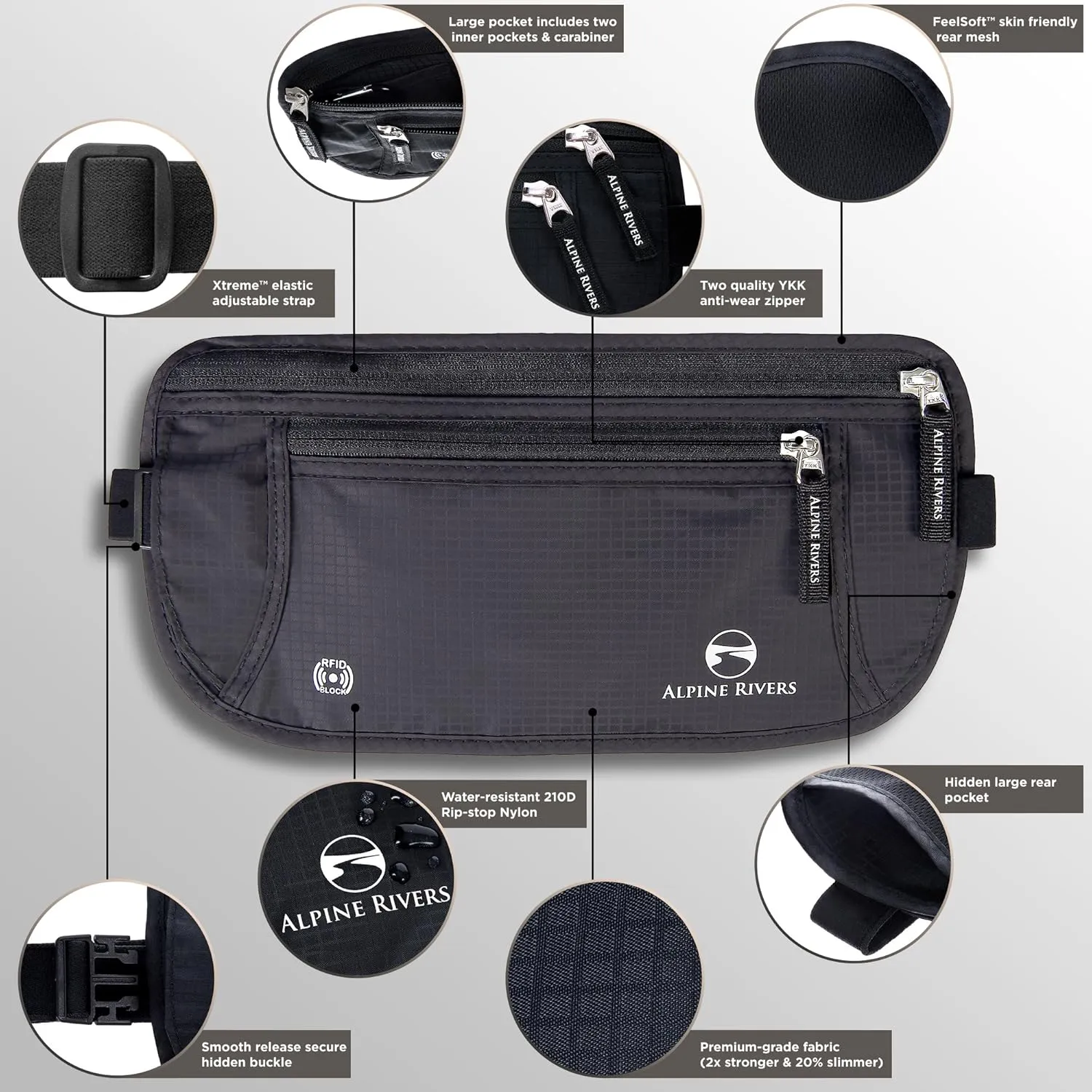 Money Belt - RFID Blocking Hidden Travel Wallet with 7 Bonus Sleeves
