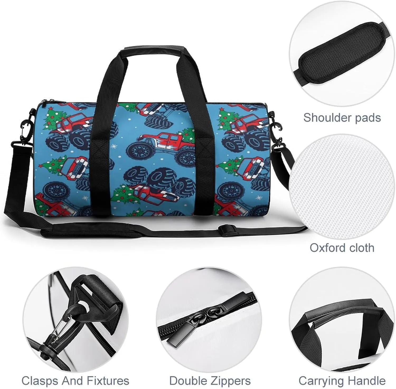Monster Truck Cars Duffelbag Utility Bag Cylindrical Duffelbags Picnic Bags Gym Satchel Durable Handbag Convertible Duffle 17.7in/9in/9in