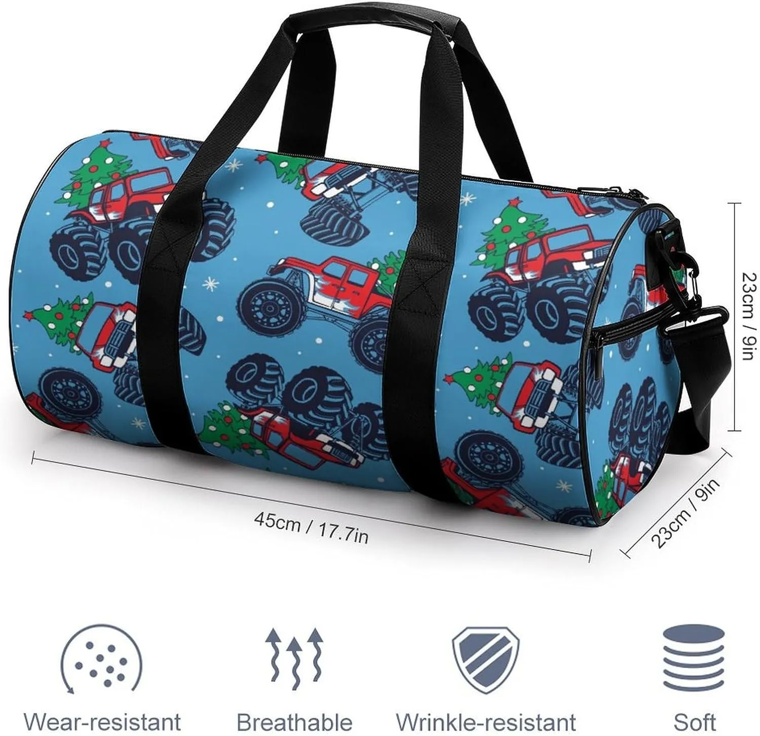 Monster Truck Cars Duffelbag Utility Bag Cylindrical Duffelbags Picnic Bags Gym Satchel Durable Handbag Convertible Duffle 17.7in/9in/9in