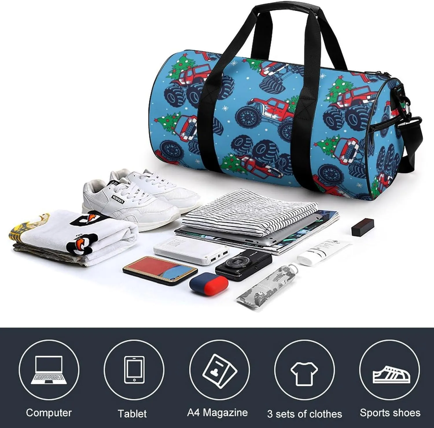 Monster Truck Cars Duffelbag Utility Bag Cylindrical Duffelbags Picnic Bags Gym Satchel Durable Handbag Convertible Duffle 17.7in/9in/9in