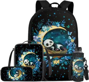 Moon Panda Bookbags for 6th Grade Girls Backpack and Lunch Box Set Lightweight School Bags for Girls Elementary Backpacks with Pencil Purse Bottle Sleeve Back to School Gifts