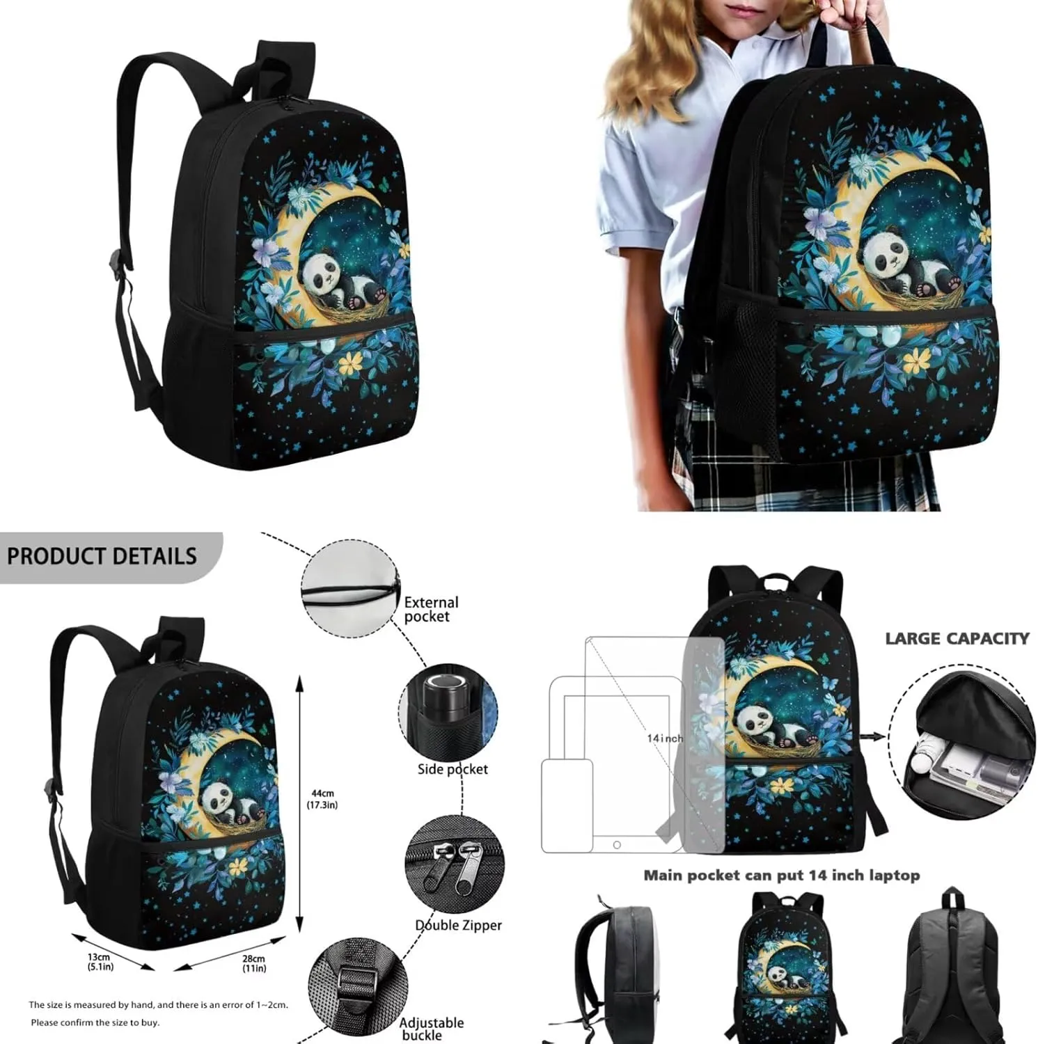 Moon Panda Bookbags for 6th Grade Girls Backpack and Lunch Box Set Lightweight School Bags for Girls Elementary Backpacks with Pencil Purse Bottle Sleeve Back to School Gifts
