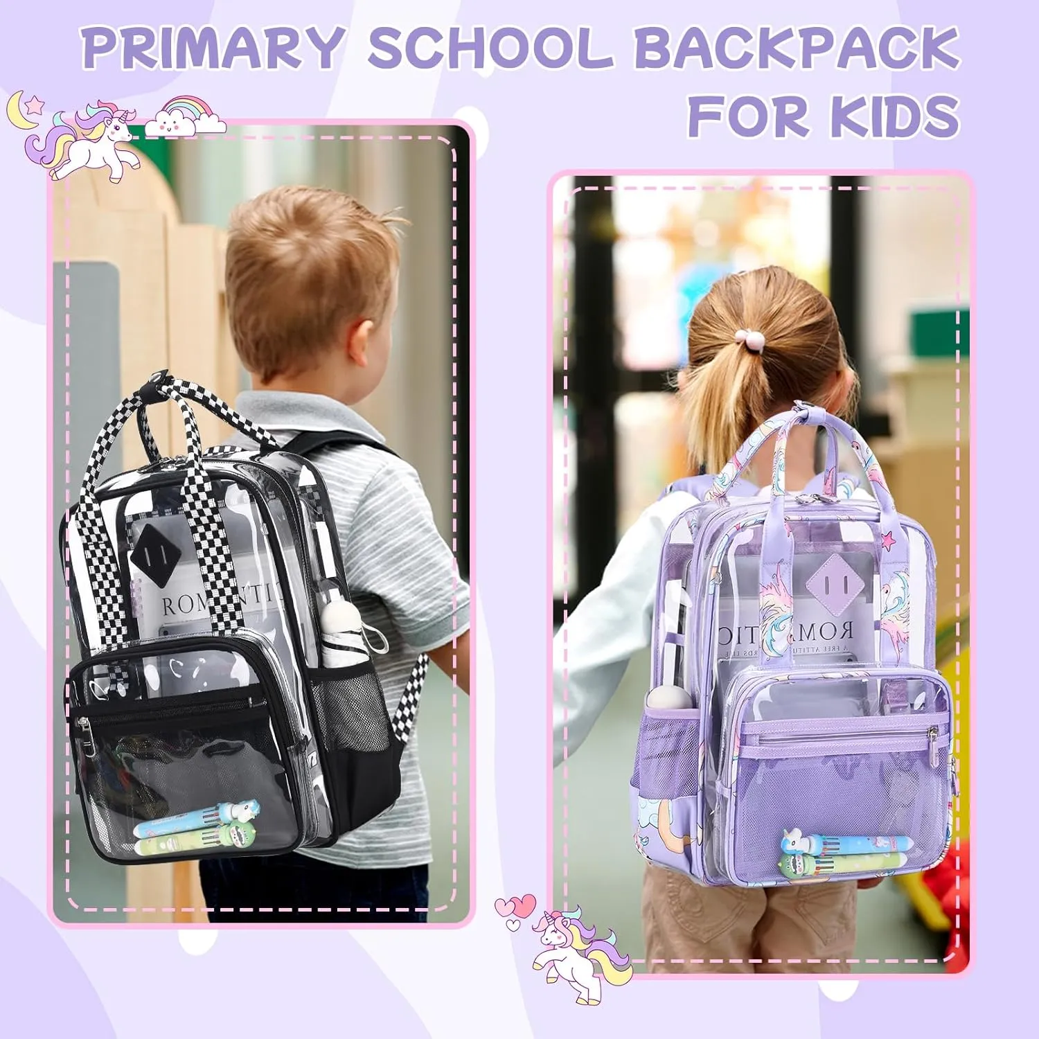MOONBABY Clear Backpacks for School Small Clear Bookbag for Girls Kids Heavy Duty PVC Transparent Backpack Stadium Approved See Through Backpack for Kindergarten Primary School, Purple Unicorn