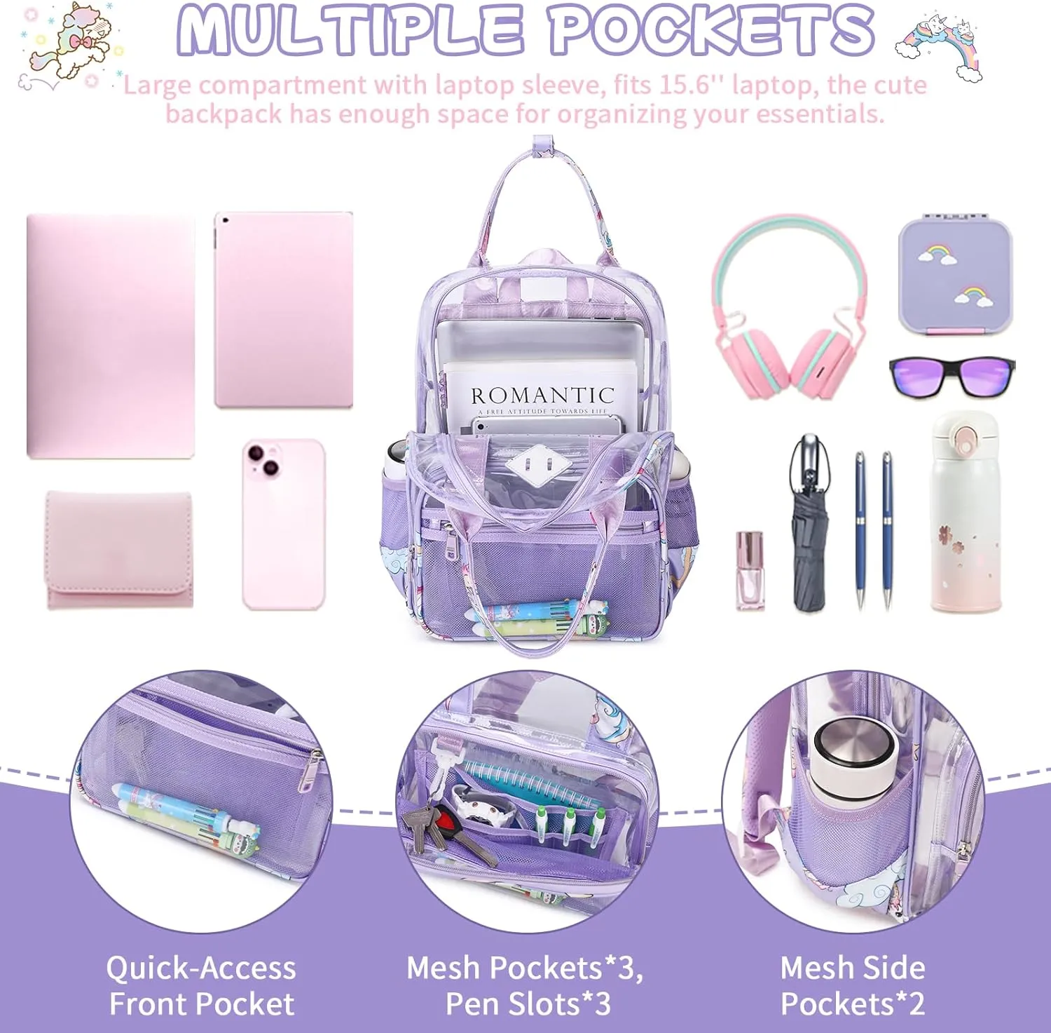 MOONBABY Clear Backpacks for School Small Clear Bookbag for Girls Kids Heavy Duty PVC Transparent Backpack Stadium Approved See Through Backpack for Kindergarten Primary School, Purple Unicorn