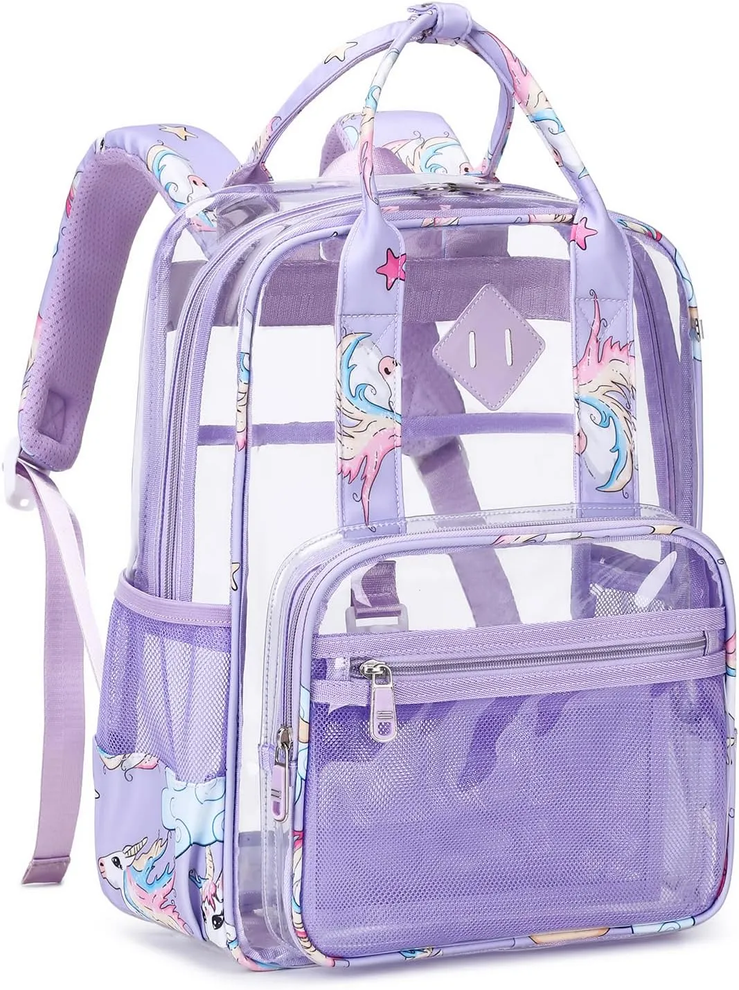MOONBABY Clear Backpacks for School Small Clear Bookbag for Girls Kids Heavy Duty PVC Transparent Backpack Stadium Approved See Through Backpack for Kindergarten Primary School, Purple Unicorn