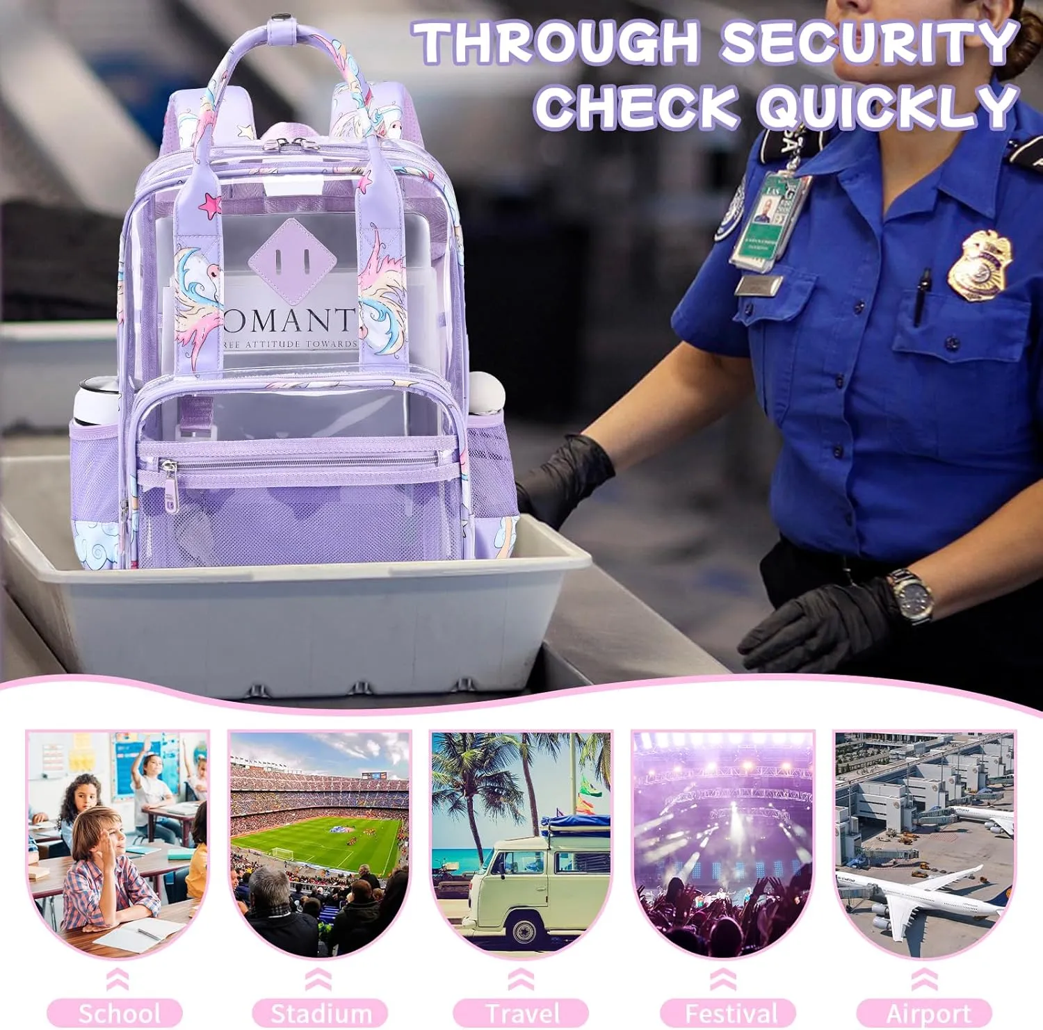MOONBABY Clear Backpacks for School Small Clear Bookbag for Girls Kids Heavy Duty PVC Transparent Backpack Stadium Approved See Through Backpack for Kindergarten Primary School, Purple Unicorn