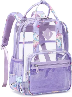 MOONBABY Clear Backpacks for School Small Clear Bookbag for Girls Kids Heavy Duty PVC Transparent Backpack Stadium Approved See Through Backpack for Kindergarten Primary School, Purple Unicorn