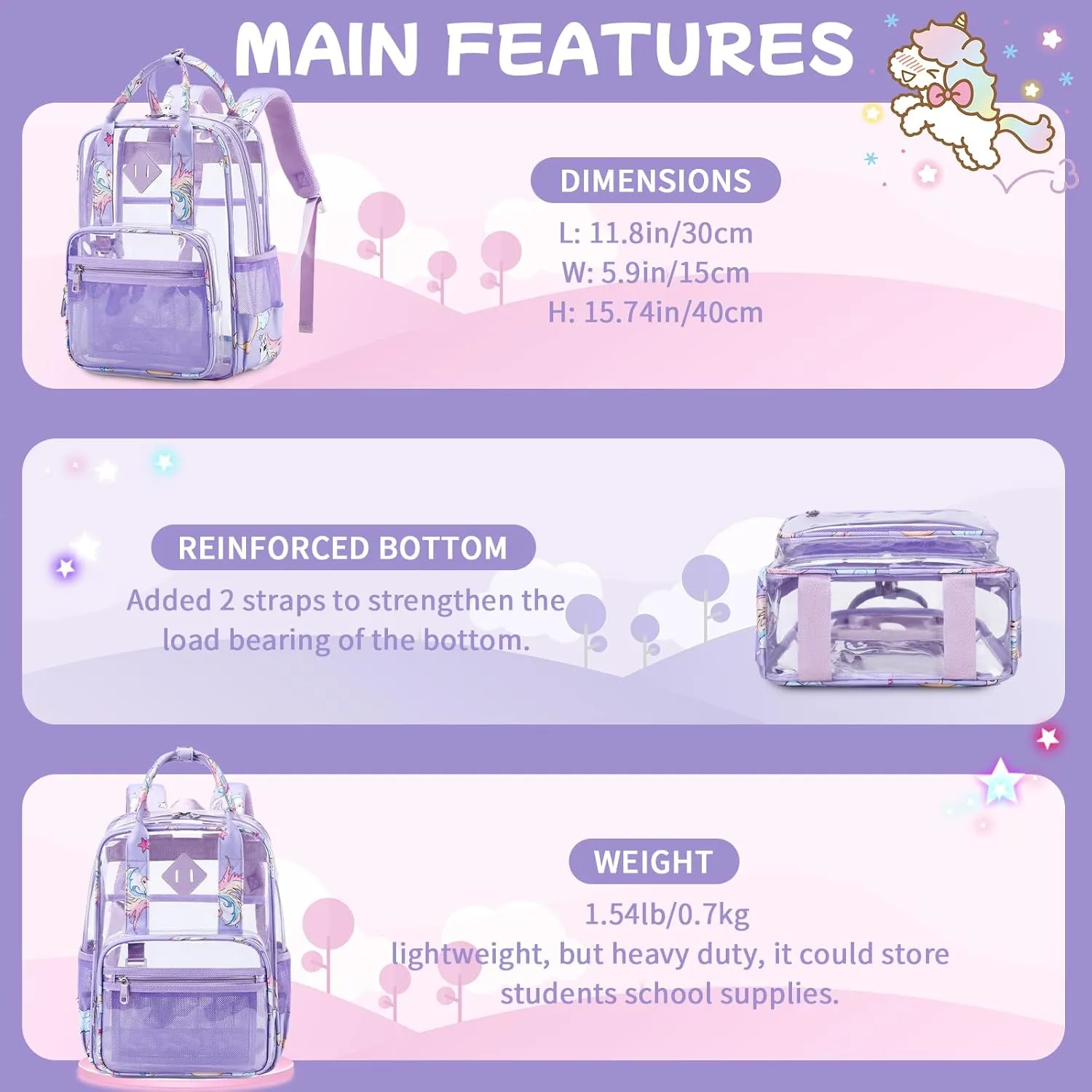 MOONBABY Clear Backpacks for School Small Clear Bookbag for Girls Kids Heavy Duty PVC Transparent Backpack Stadium Approved See Through Backpack for Kindergarten Primary School, Purple Unicorn