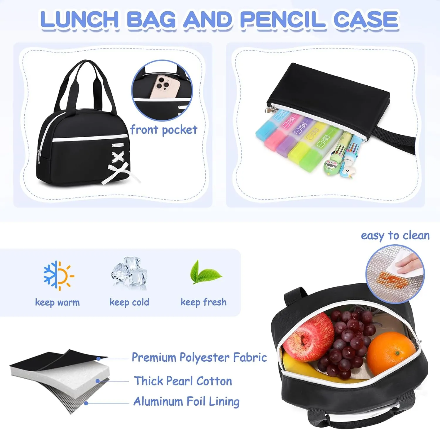 MOONBABY Girls Backpack with Lunch Box & Pencil Case for Kids Teens Bookbag for Elementary Primary Middle High School Daypack（Black-3pcs