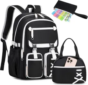 MOONBABY Girls Backpack with Lunch Box & Pencil Case for Kids Teens Bookbag for Elementary Primary Middle High School Daypack（Black-3pcs