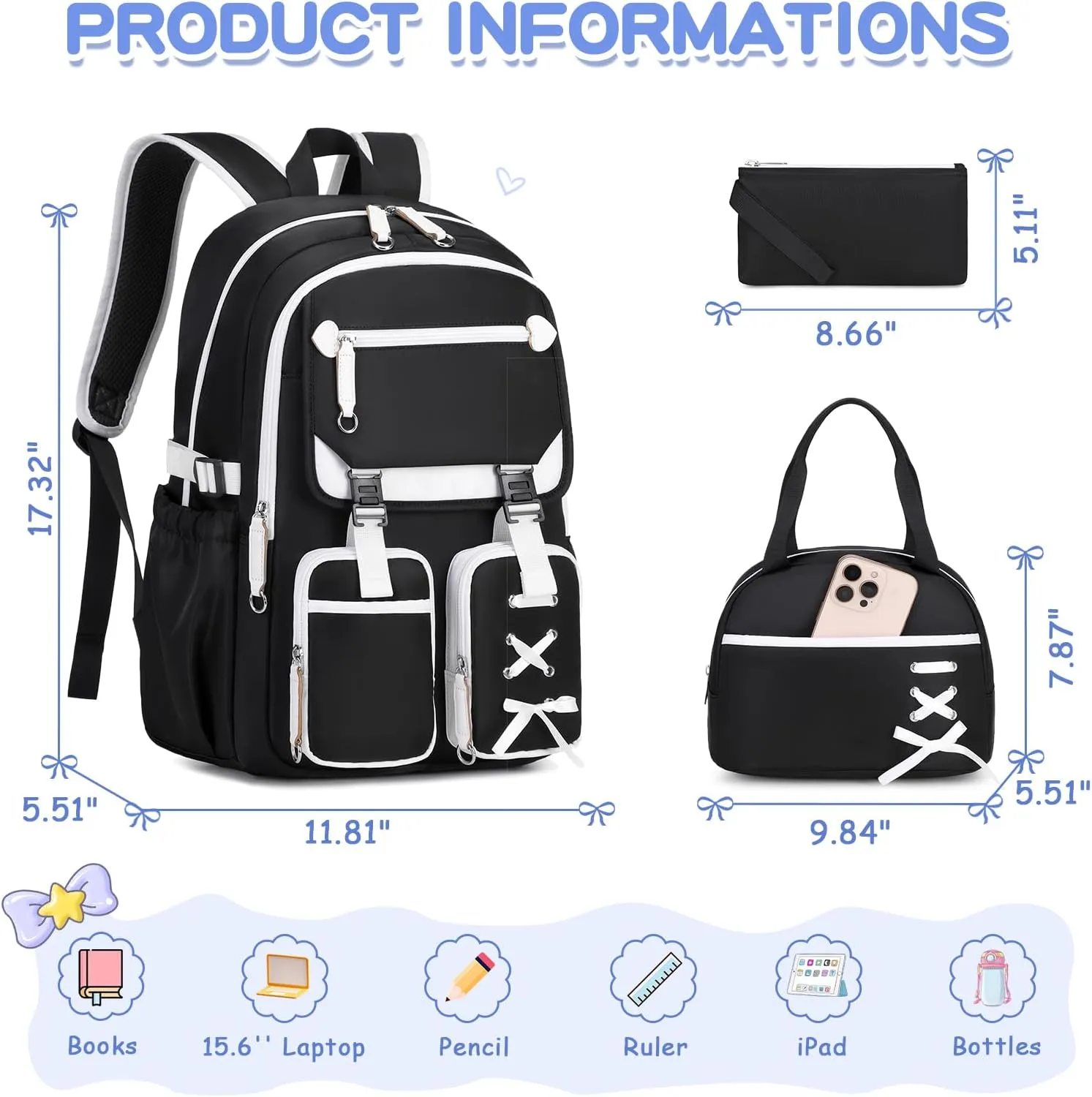 MOONBABY Girls Backpack with Lunch Box & Pencil Case for Kids Teens Bookbag for Elementary Primary Middle High School Daypack（Black-3pcs