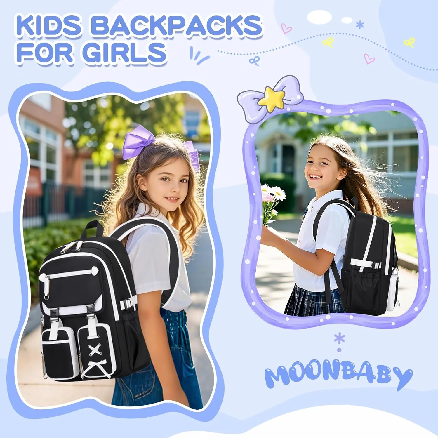 MOONBABY Girls Backpack with Lunch Box & Pencil Case for Kids Teens Bookbag for Elementary Primary Middle High School Daypack（Black-3pcs