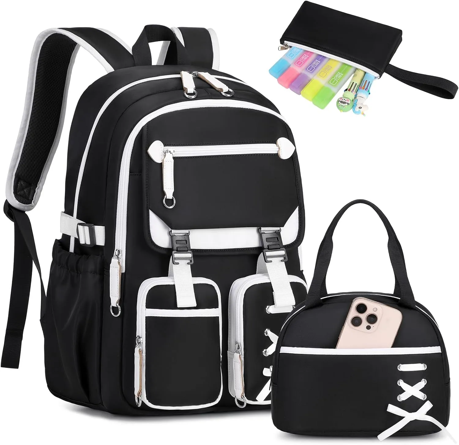 MOONBABY Girls Backpack with Lunch Box & Pencil Case for Kids Teens Bookbag for Elementary Primary Middle High School Daypack（Black-3pcs