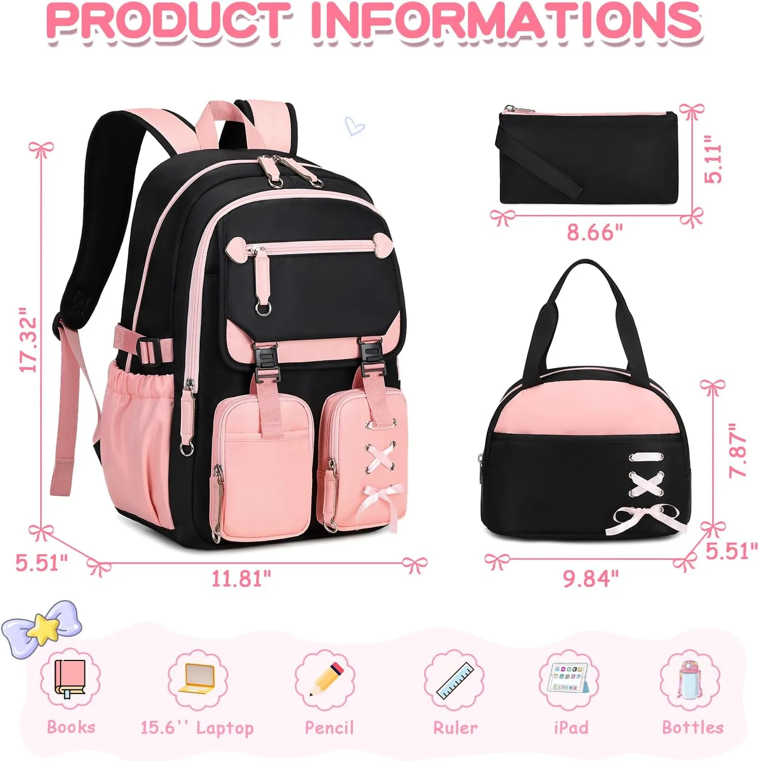 MOONBABY Girls Backpack with Lunch Box & Pencil Case for Kids Teens Bookbag for Elementary Primary Middle High School Daypack（Pink-3pcs