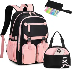 MOONBABY Girls Backpack with Lunch Box & Pencil Case for Kids Teens Bookbag for Elementary Primary Middle High School Daypack（Pink-3pcs