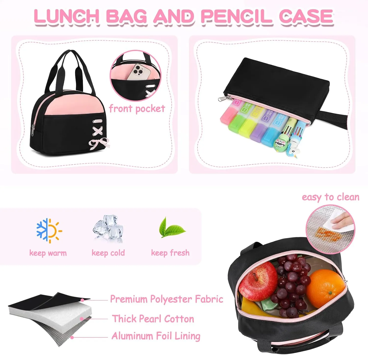 MOONBABY Girls Backpack with Lunch Box & Pencil Case for Kids Teens Bookbag for Elementary Primary Middle High School Daypack（Pink-3pcs