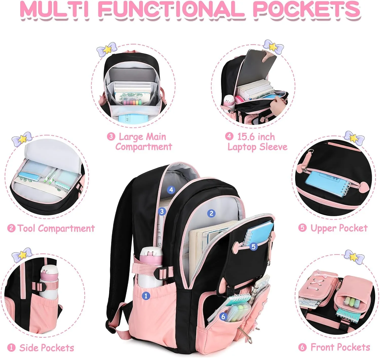 MOONBABY Girls Backpack with Lunch Box & Pencil Case for Kids Teens Bookbag for Elementary Primary Middle High School Daypack（Pink-3pcs