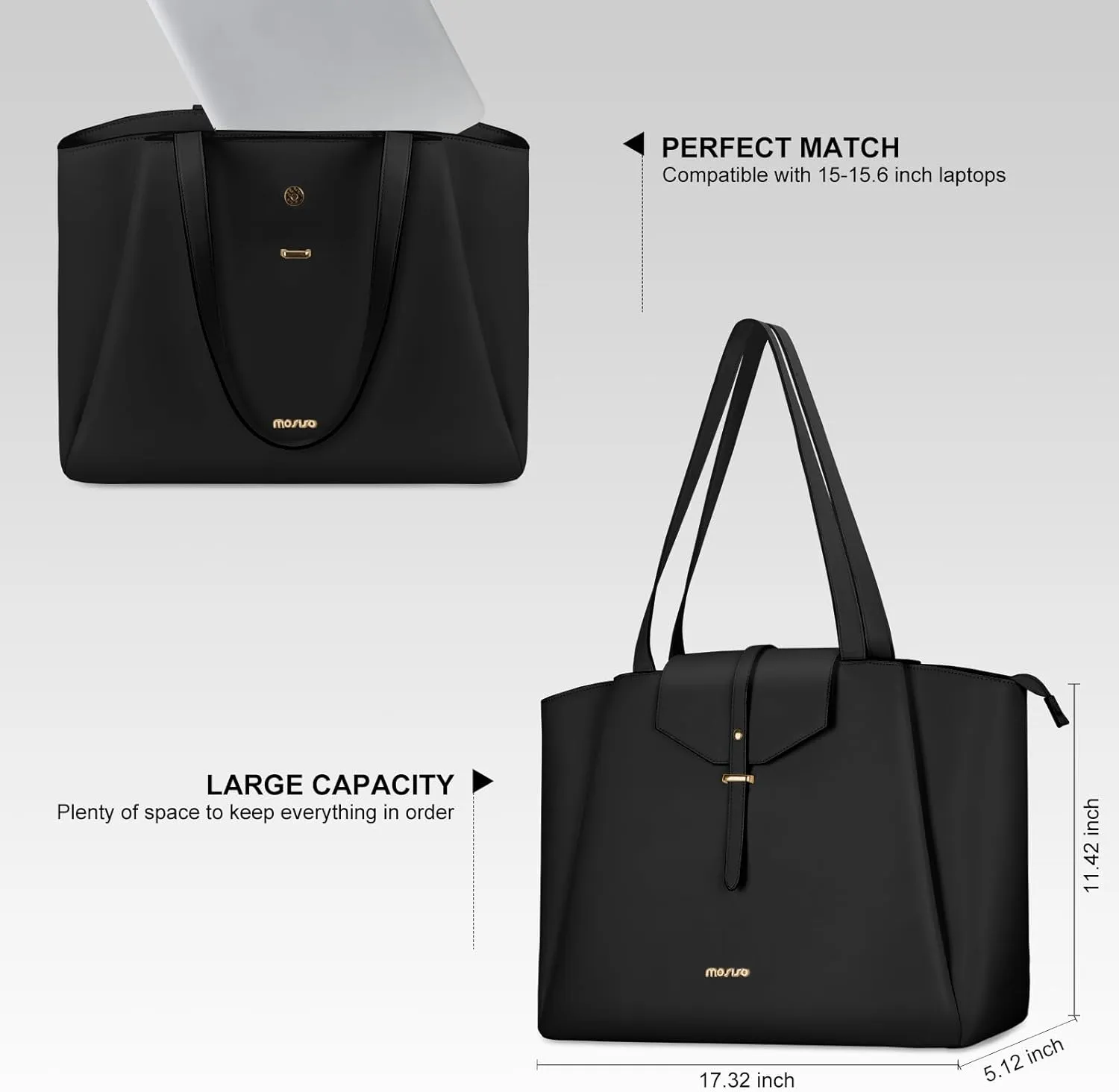 MOSISO Laptop Tote Bag for Women, 15.6 inch PU Leather Work Laptop Bag with Flap Buckle & Clutch Purse, Large Capacity Computer Shoulder Handbag for Casual Business Travel, Black